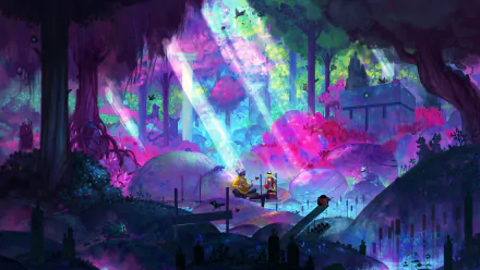 A child sits in a vibrant fantasy forest bathed in colorful sunbeams, captured in stunning 4K Ultra HD detail for a PC desktop wallpaper.