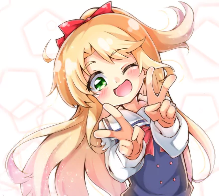 Noa Himesaka (Wataten!: An Angel Flew Down to Me) winking and flashing peace signs, bright pastel 2K Quad HD PC desktop wallpaper background.