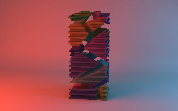 Artistic shapes: stacked colorful geometric blocks form a sculptural tower against a red-to-blue gradient — 2K Quad HD PC desktop wallpaper background.