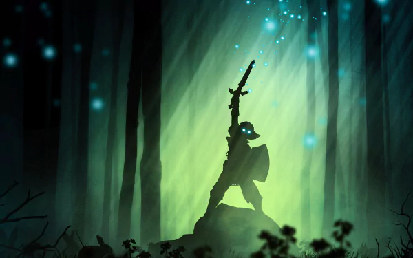 HD PC desktop wallpaper featuring Link from The Legend of Zelda, standing heroically in a glowing, mystical forest with his sword raised toward the light.