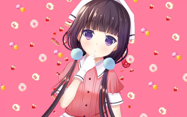 4K Ultra HD anime wallpaper featuring Maika Sakuranomiya from Blend S against a vibrant pink background with scattered flower and candy motifs.