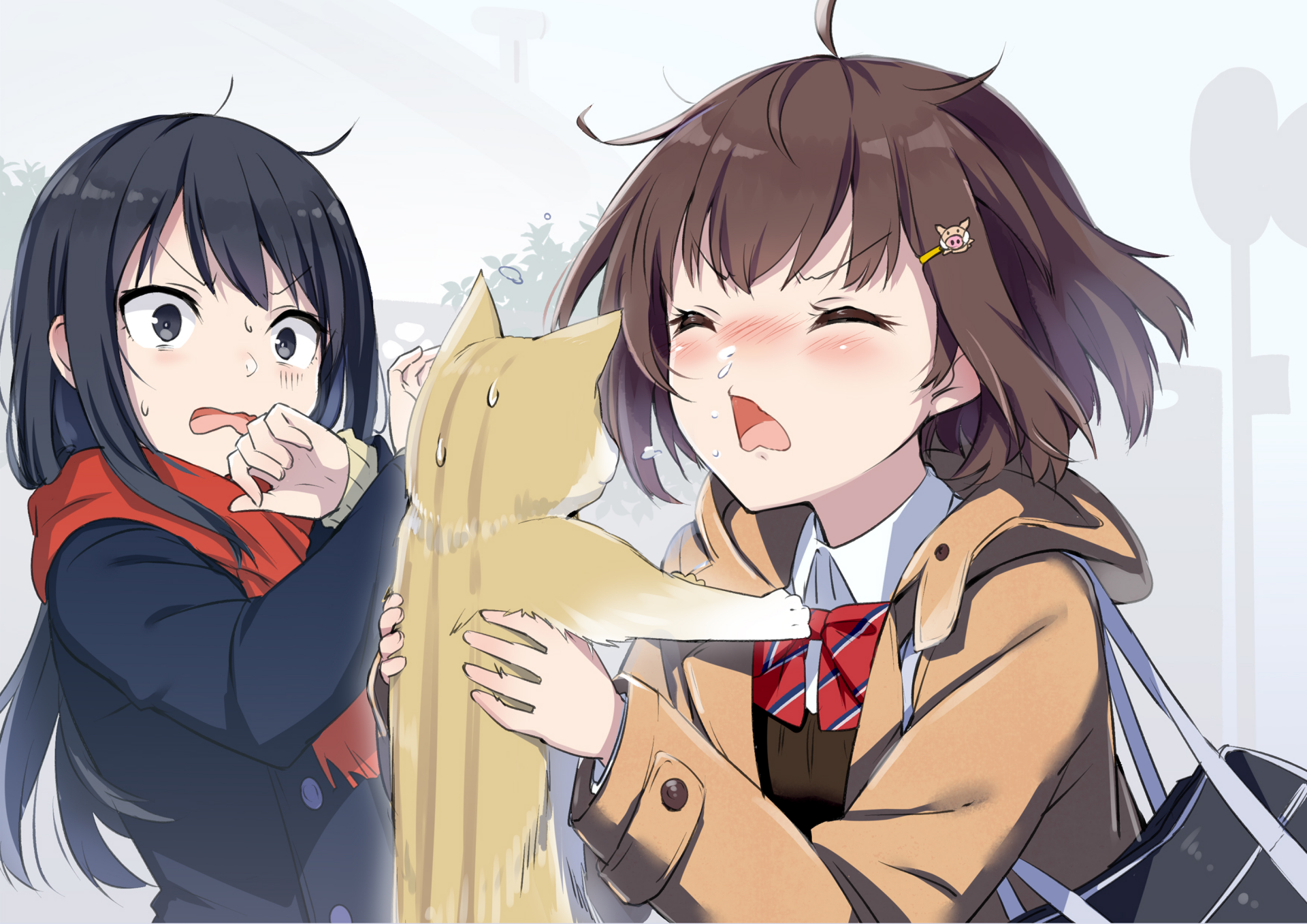 HD anime-style original desktop wallpaper depicting two girls, one holding a dog playfully while the other looks on with surprise.