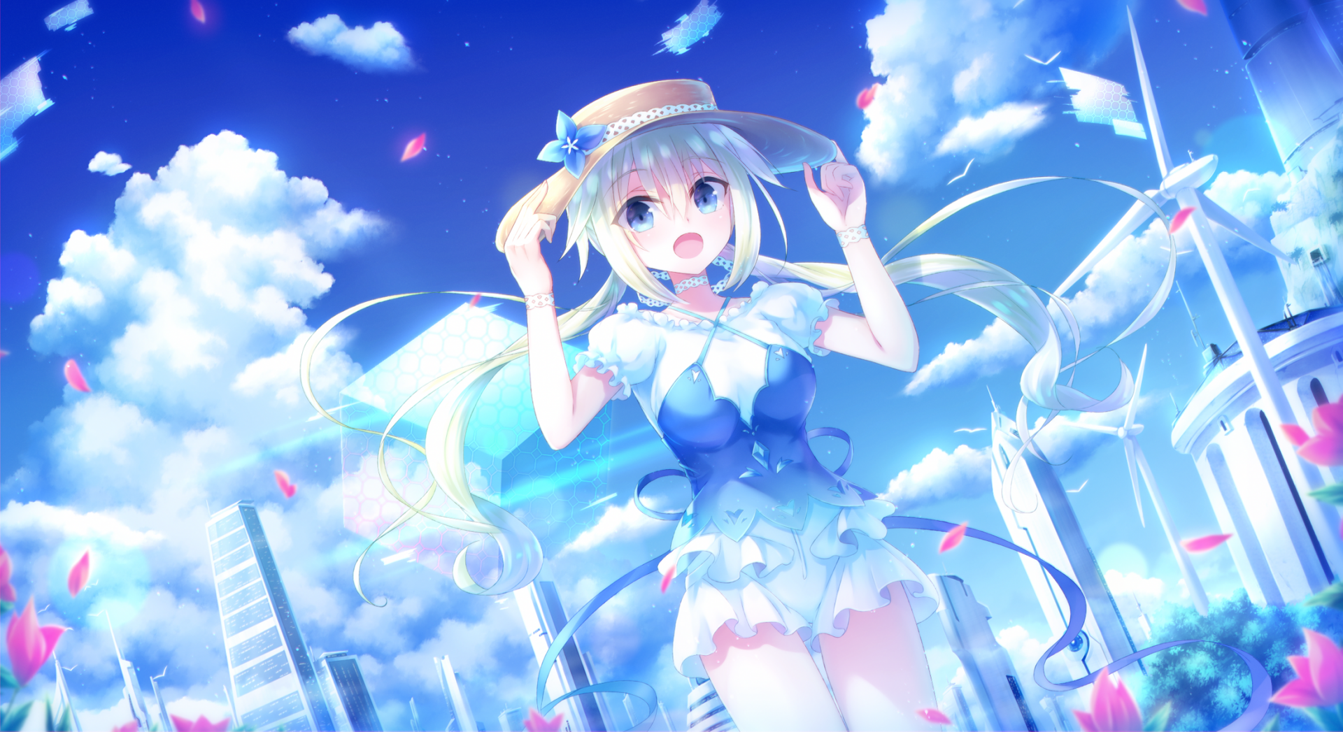 A young anime character with long white twintails and blue eyes wears a hat amidst a field with wind turbines and flowers under a bright blue sky, creating a vibrant desktop wallpaper scene.