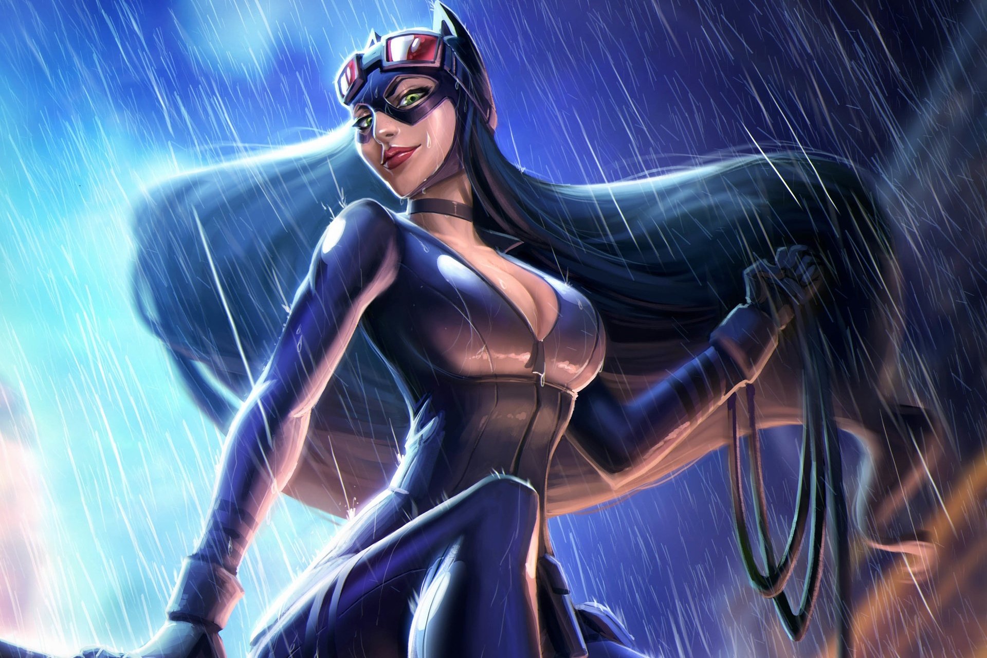 Download Green Eyes Black Hair Long Hair Rain DC Comics Comic Catwoman HD Wallpaper by Colin Searle