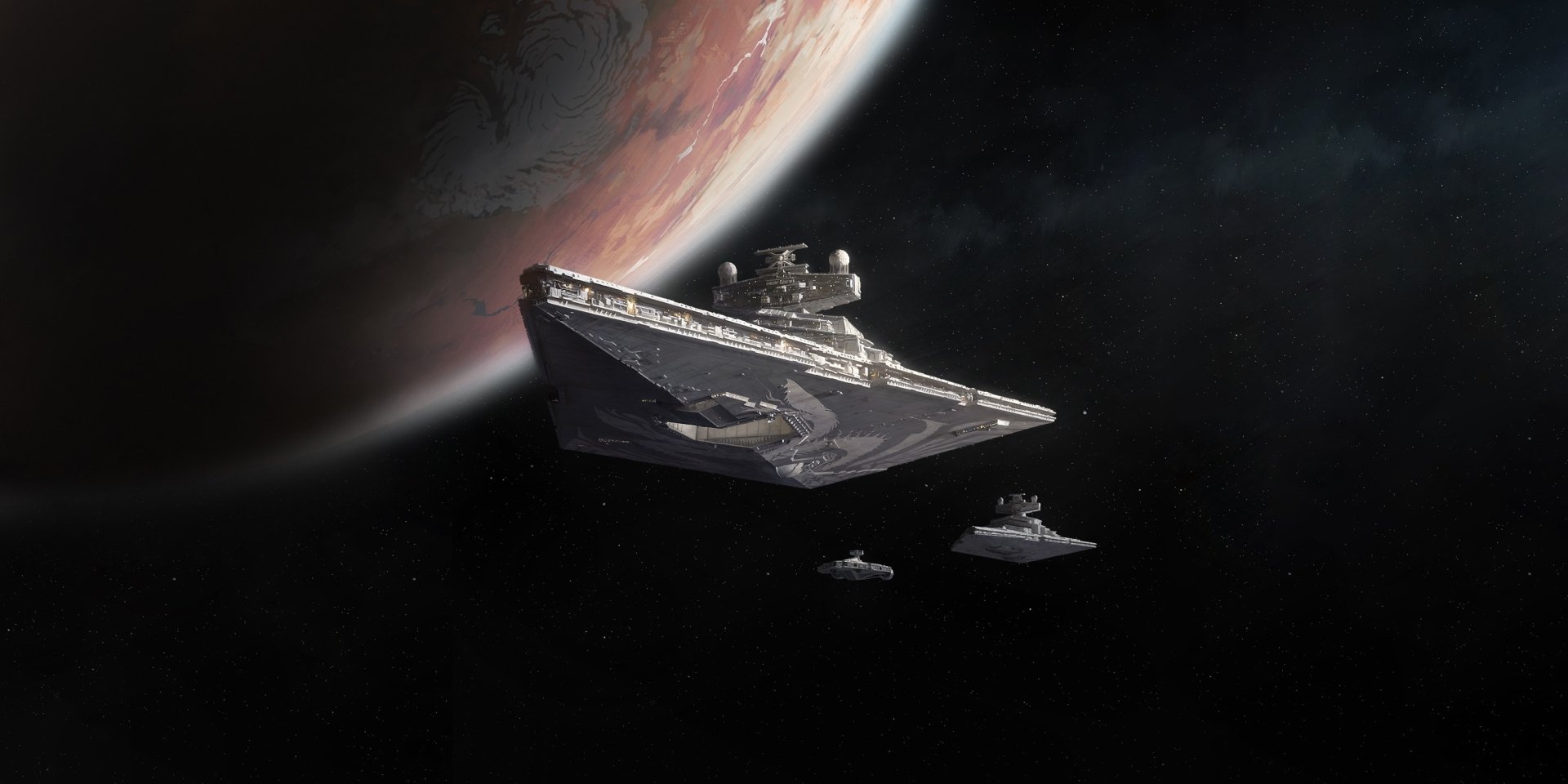 HD PC desktop wallpaper featuring a Star Destroyer spaceship from the Star Wars movie, set against a planet and deep space background.