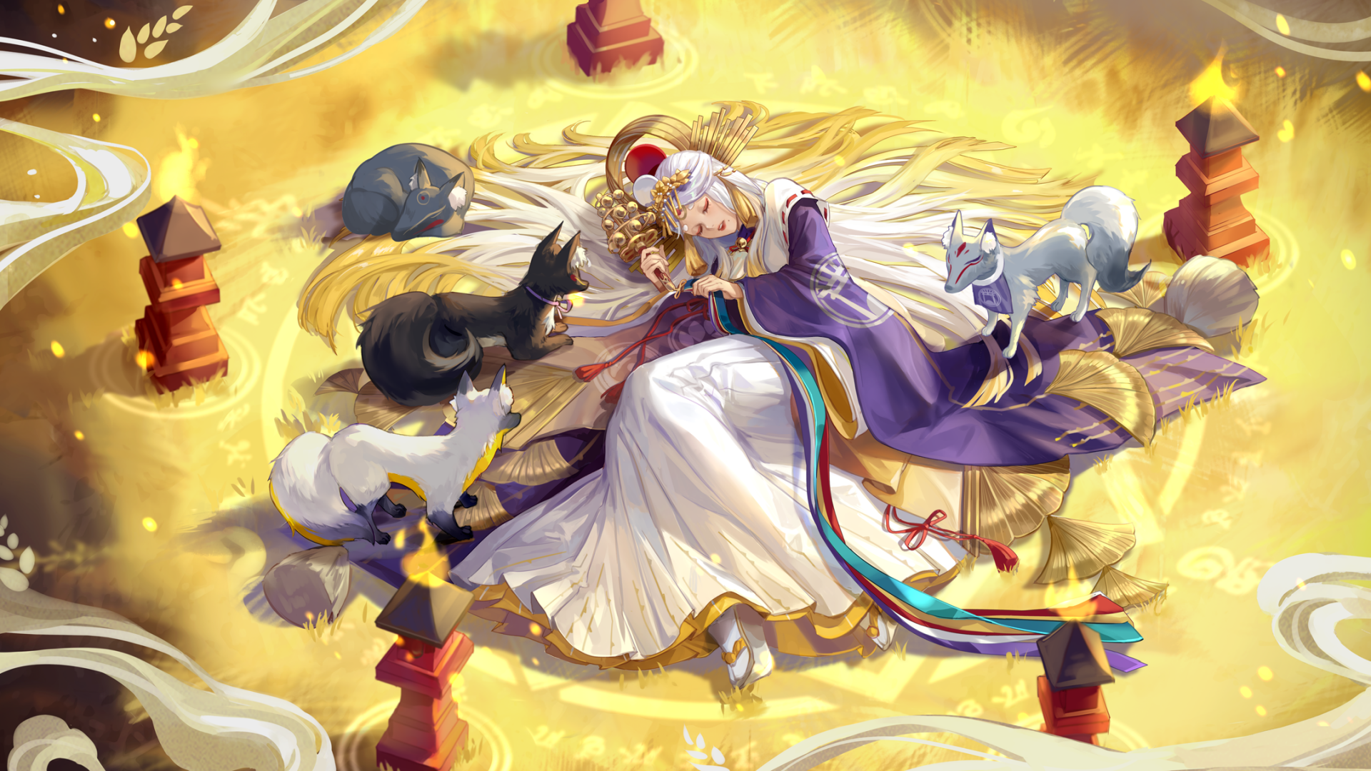 HD anime PC desktop wallpaper featuring a serene Onmyoji character resting surrounded by cats and glowing golden elements in a mystical setting.
