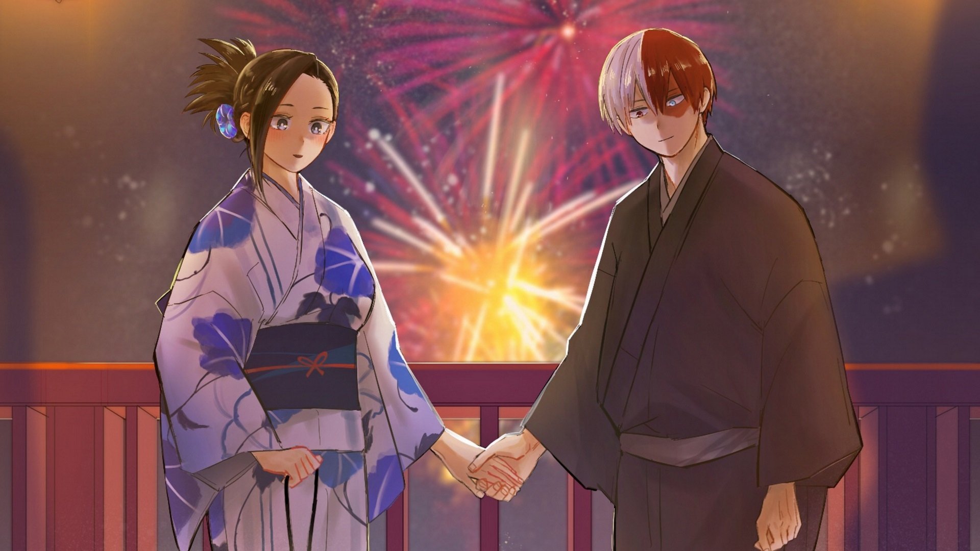 HD PC wallpaper of My Hero Academia characters Momo Yaoyorozu and Shoto Todoroki in traditional yukata, holding hands on a balcony as fireworks light the night sky.