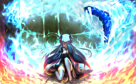 HD desktop wallpaper featuring Lancer Kiyohime from Fate/Grand Order surrounded by vivid flames, encapsulating the dynamic and intense anime art style of the Fate series.