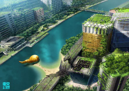 HD anime cityscape wallpaper featuring lush greenery, a serene river, and modern buildings, with an original design displaying a unique yellow structure floating on the water.