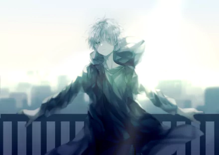 Anime-style original character with short white hair stands against a blurred cityscape, rendered in high-definition for a crisp PC desktop wallpaper background.