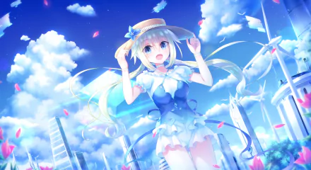 A young anime character with long white twintails and blue eyes wears a hat amidst a field with wind turbines and flowers under a bright blue sky, creating a vibrant desktop wallpaper scene.
