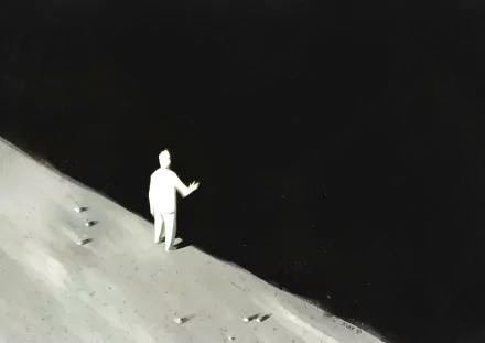 Artistic, minimalist HD PC desktop wallpaper featuring a solitary white figure standing on a textured light surface against a vast pitch-black background.