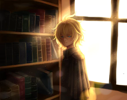 HD desktop wallpaper of Mikaela Hyakuya from Seraph of the End, featuring his blonde hair and blue eyes in a dimly lit library with sunlight streaming through a window.
