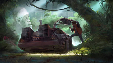 HD PC desktop wallpaper featuring the DeLorean time machine from the movie Back to the Future in a lush, mysterious forest setting with a glowing stone head statue.
