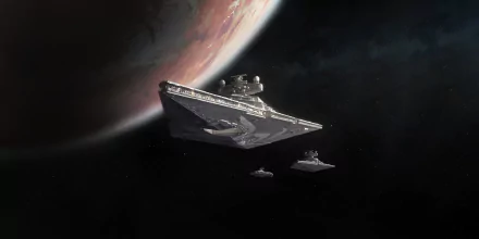 HD PC desktop wallpaper featuring a Star Destroyer spaceship from the Star Wars movie, set against a planet and deep space background.