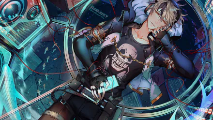 HD anime original artwork of a futuristic character with silver hair lying on a high-tech surface, holding a glowing device, designed as a PC desktop wallpaper.