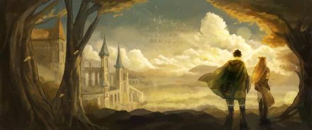 HD desktop wallpaper of Naofumi Iwatani and Raphtalia from The Rising of the Shield Hero, featuring a beautiful, fantasy landscape with a castle and cloudy sky.