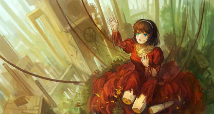 HD desktop wallpaper featuring an original anime-style doll in a red dress amidst a futuristic, gear-filled backdrop with soft lighting.