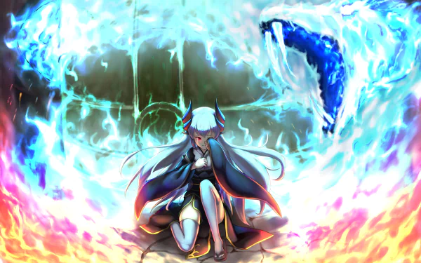 HD desktop wallpaper featuring Lancer Kiyohime from Fate/Grand Order surrounded by vivid flames, encapsulating the dynamic and intense anime art style of the Fate series.
