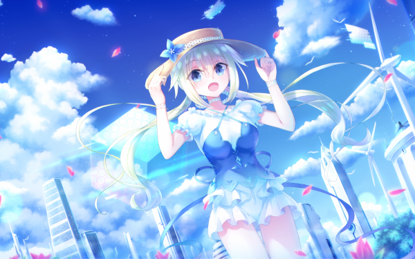 Anime Original Long Hair Twintails Flower Blue Eyes Hat Wind Turbine White Hair HD Wallpaper | Background Image