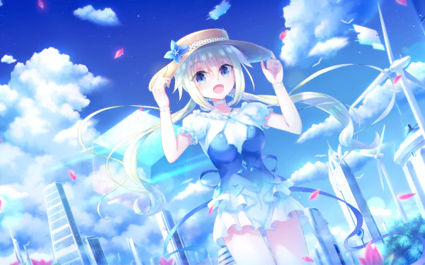 A young anime character with long white twintails and blue eyes wears a hat amidst a field with wind turbines and flowers under a bright blue sky, creating a vibrant desktop wallpaper scene.