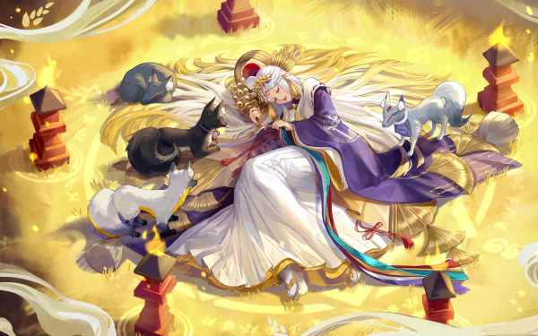 HD anime PC desktop wallpaper featuring a serene Onmyoji character resting surrounded by cats and glowing golden elements in a mystical setting.