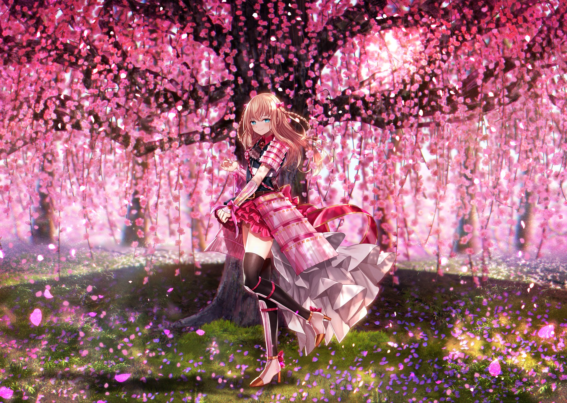 Anime-style HD PC desktop wallpaper showcasing a character from Touken Ranbu standing gracefully beneath vibrant pink cherry blossom trees.