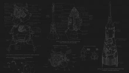 HD PC desktop wallpaper showing technology schematic blueprints of rockets and lunar modules on a dark background with labeled technical drawings.