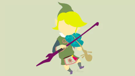 Minimalist HD PC wallpaper of Fado from The Legend of Zelda: The Wind Waker — simplified chibi-style character playing a teal violin with a purple bow, minimalist gaming art.
