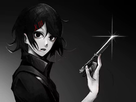 HD desktop wallpaper of Juuzou Suzuya from Tokyo Ghoul:re, featuring black hair and striking black eyes in a dark, dramatic anime style.