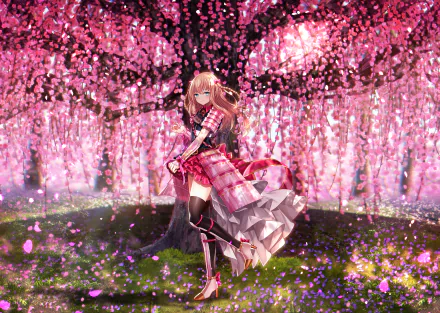 Anime-style HD PC desktop wallpaper showcasing a character from Touken Ranbu standing gracefully beneath vibrant pink cherry blossom trees.