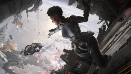 HD PC desktop wallpaper featuring Bangalore, a character from the video game Apex Legends, poised mid-action in a dynamic sci-fi environment.