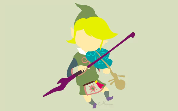 Minimalist HD PC wallpaper of Fado from The Legend of Zelda: The Wind Waker — simplified chibi-style character playing a teal violin with a purple bow, minimalist gaming art.