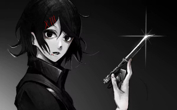 HD desktop wallpaper of Juuzou Suzuya from Tokyo Ghoul:re, featuring black hair and striking black eyes in a dark, dramatic anime style.