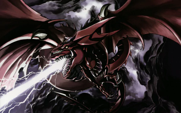 HD wallpaper of Slifer the Sky Dragon from the anime Yu-Gi-Oh!, featuring the majestic dragon amid stormy clouds and lightning.
