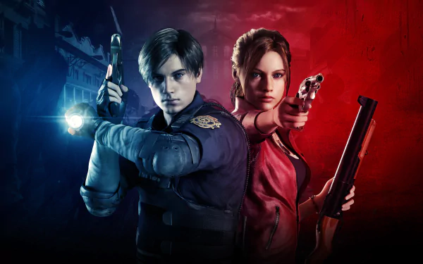 HD wallpaper showing Claire Redfield and Leon S. Kennedy from Resident Evil 2 (2019) video game, both holding guns with a red and blue background.