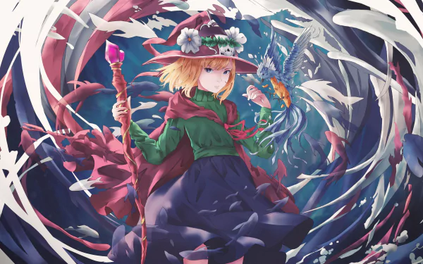 HD desktop wallpaper featuring an anime witch with a staff and a magical bird. The swirling background and vibrant colors create a mystical atmosphere.