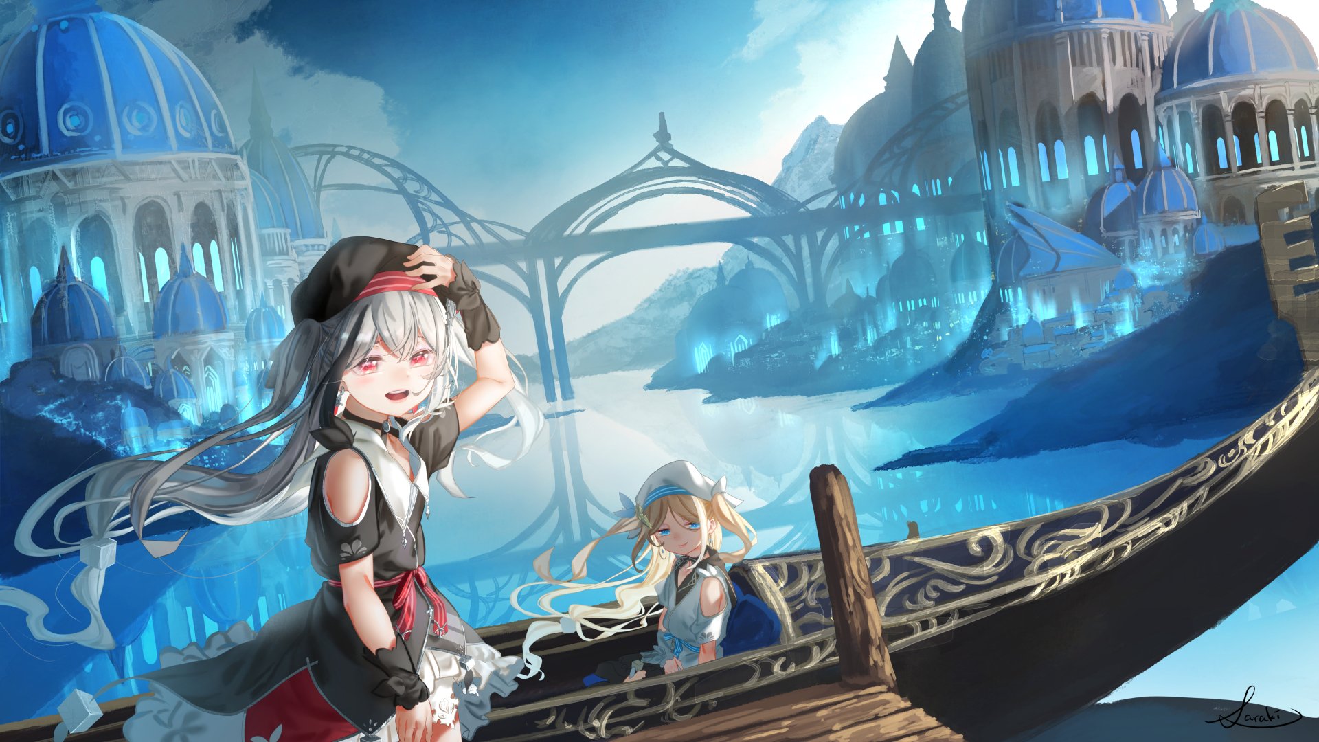 An HD anime wallpaper featuring original characters on a boat in a fantasy setting with blue domed buildings and bridges in the background.