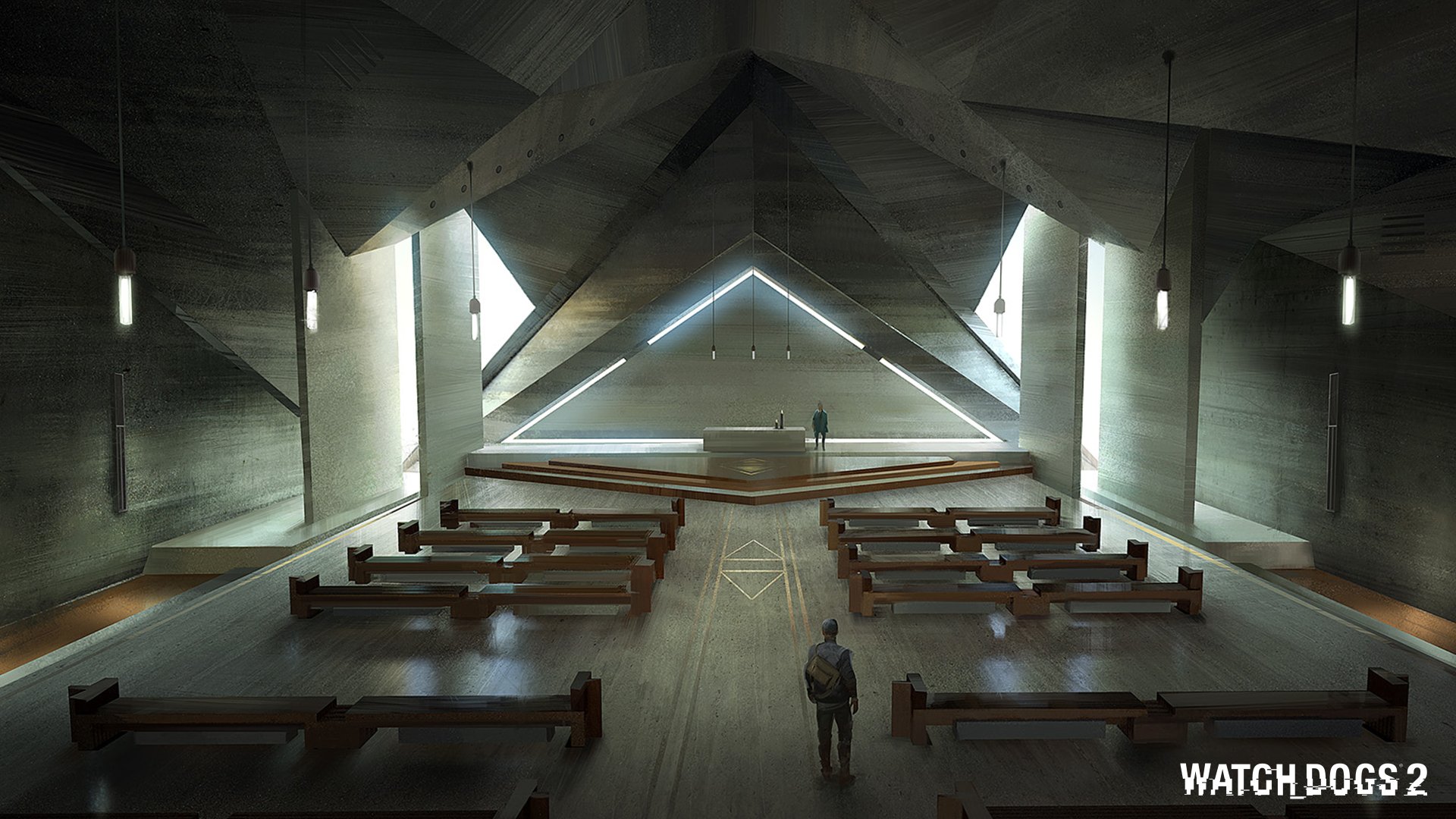 Watch Dogs 2 video game 4K Ultra HD PC desktop wallpaper: moody, futuristic concrete chapel interior with a geometric illuminated altar, rows of pews and a lone figure.