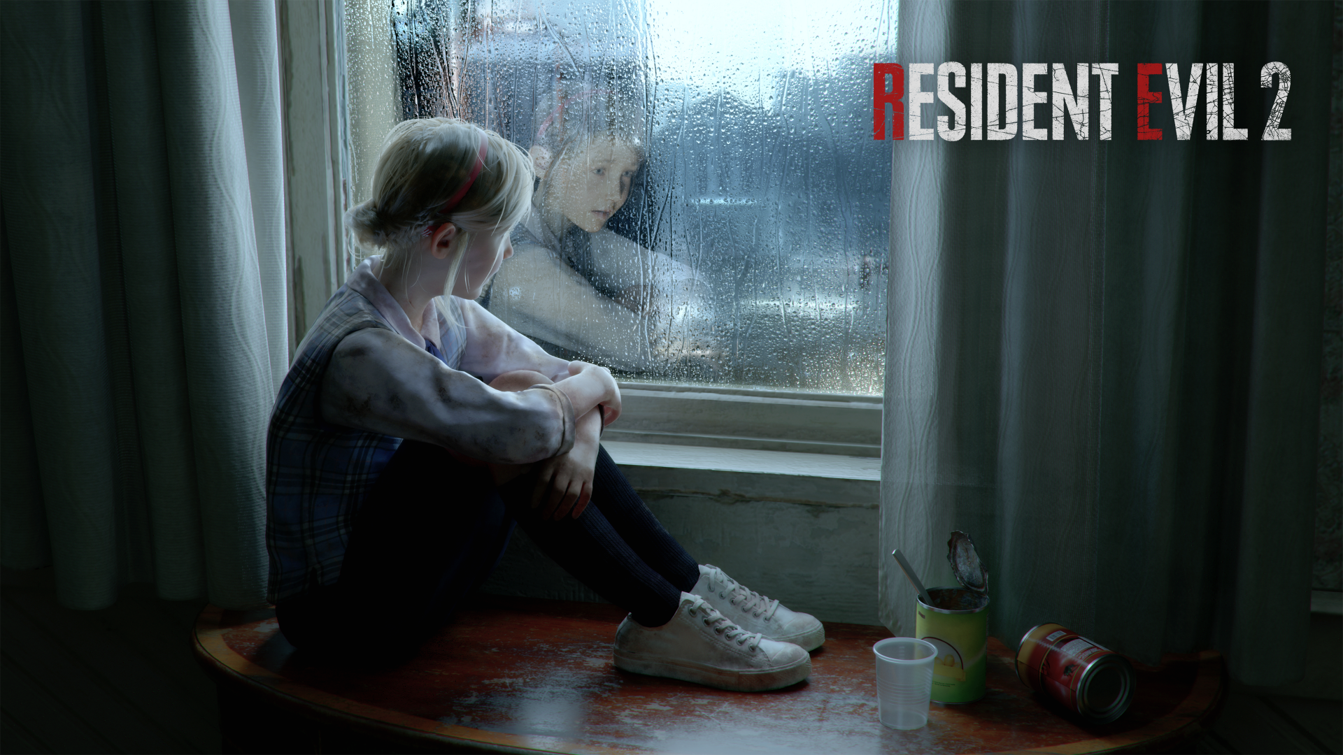 A 4K Ultra HD wallpaper featuring Sherry Birkin from Resident Evil 2 (2019), depicting her sitting on a windowsill, gazing contemplatively through a rain-smeared window.