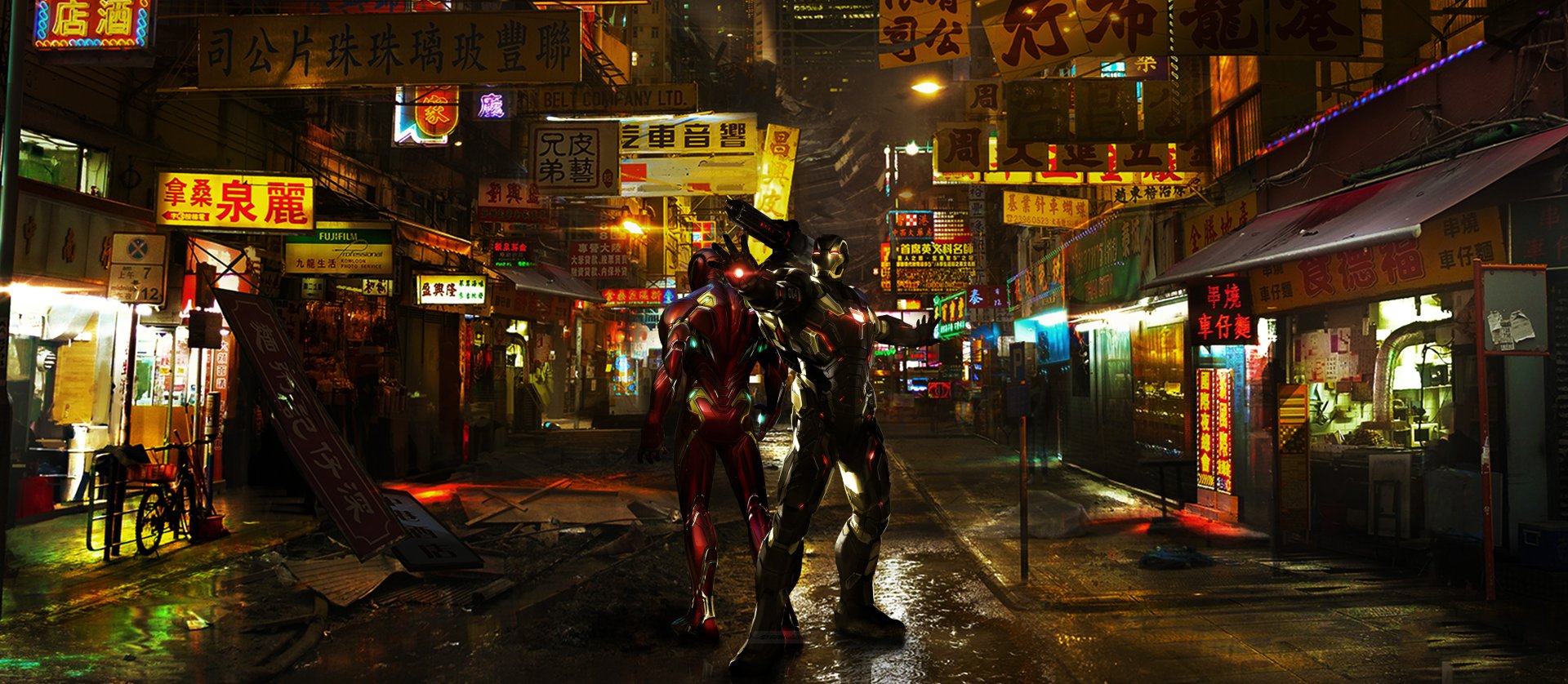 4K Ultra HD wallpaper featuring War Machine and Iron Man from Avengers EndGame standing together in a neon-lit, rain-soaked urban street at night.