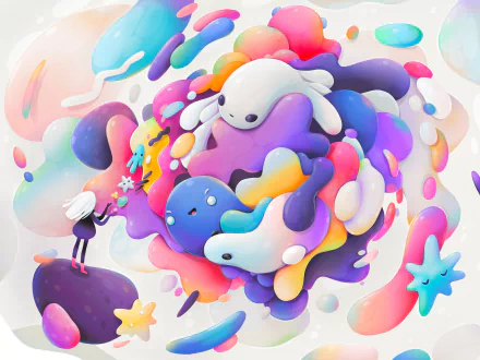 Artistic HD desktop wallpaper featuring a woman interacting with vibrant, rainbow-colored abstract forms. The playful and colorful elements create a whimsical background.