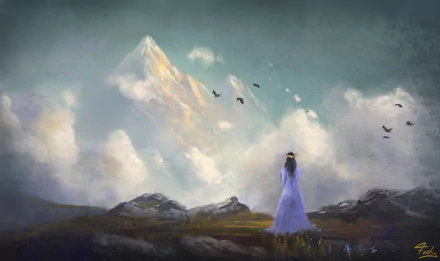Fantasy woman HD PC desktop wallpaper/background: a lone figure in a flowing purple gown stands on misty highlands, birds overhead, a snow-capped mountain towering through clouds.