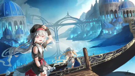 An HD anime wallpaper featuring original characters on a boat in a fantasy setting with blue domed buildings and bridges in the background.