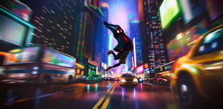 HD desktop wallpaper featuring Miles Morales as Spider-Man, swinging through a vibrant, neon-lit cityscape at night, inspired by the movie Spider-Man: Into the Spider-Verse.