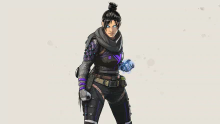 HD desktop wallpaper of Wraith from Apex Legends, a video game. Wraith is depicted in her combat attire, standing confidently with her hand glowing blue. The background is minimalist and light-colored.