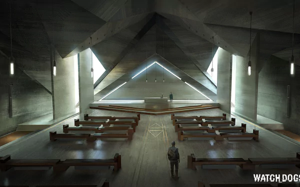 Watch Dogs 2 video game 4K Ultra HD PC desktop wallpaper: moody, futuristic concrete chapel interior with a geometric illuminated altar, rows of pews and a lone figure.