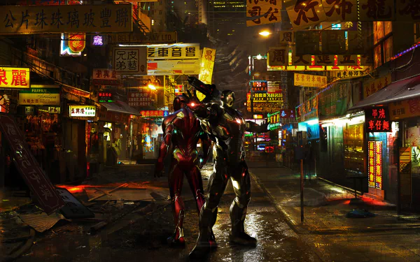 4K Ultra HD wallpaper featuring War Machine and Iron Man from Avengers EndGame standing together in a neon-lit, rain-soaked urban street at night.