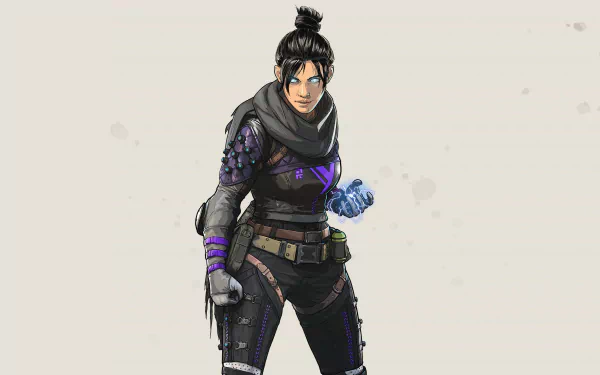 HD desktop wallpaper of Wraith from Apex Legends, a video game. Wraith is depicted in her combat attire, standing confidently with her hand glowing blue. The background is minimalist and light-colored.