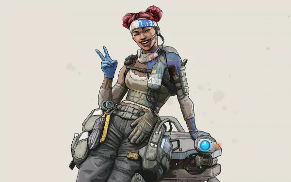 4K Ultra HD PC desktop wallpaper featuring Lifeline from the video game Apex Legends, showcasing her in a confident pose with a peace sign.